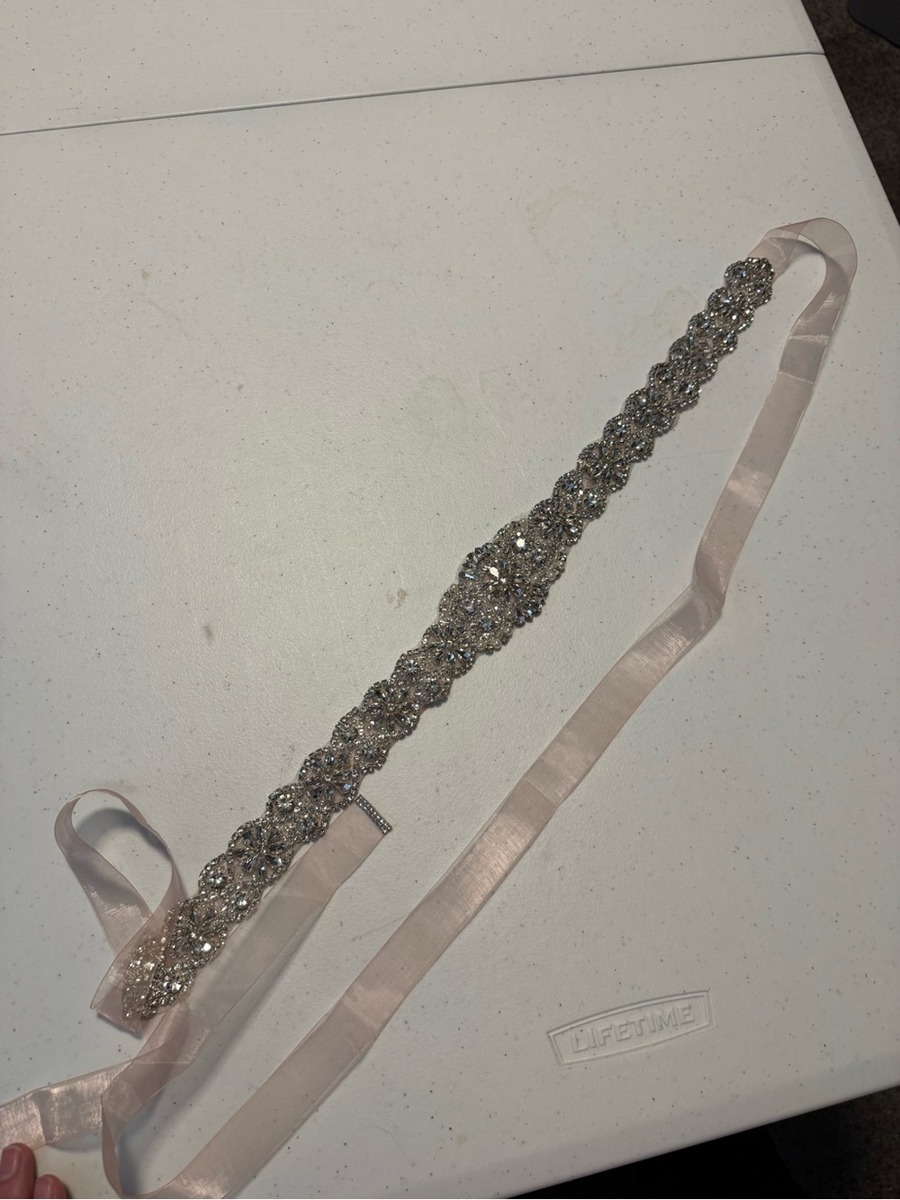 Blush Pink Bridal Sash with Rhinestones and pearls - Picture 3 of 4
